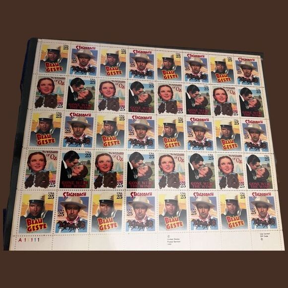 MNH 1990 CLASSIC FILMS Sc 2448a Sheet of 40 25c Stamps Wizard of Oz, Stagecoach - Picture 2 of 2